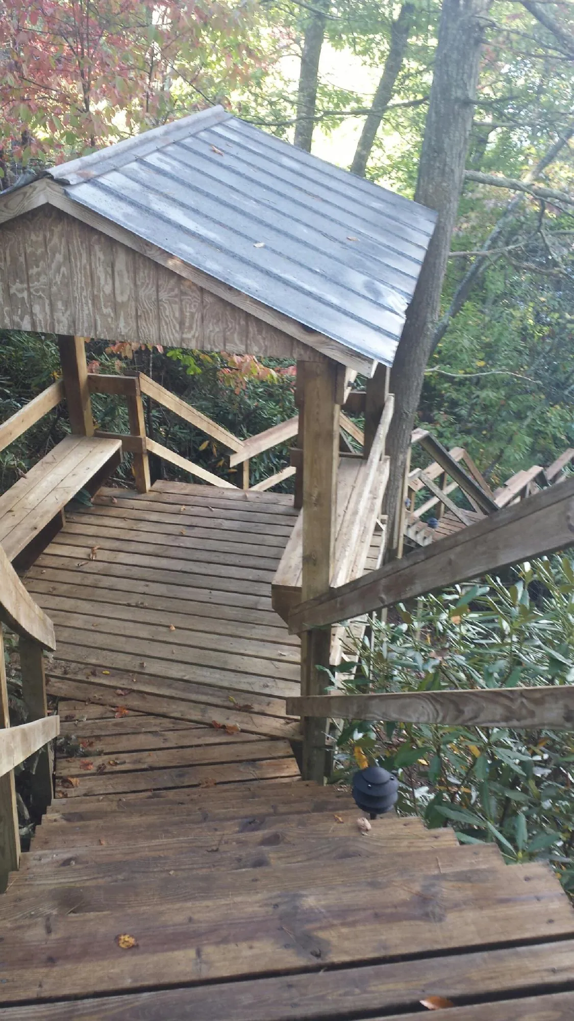 Metal roofed shelter over wooden steps on a wooded walkway — Skylight Repair & Installation work by our crew in Topton