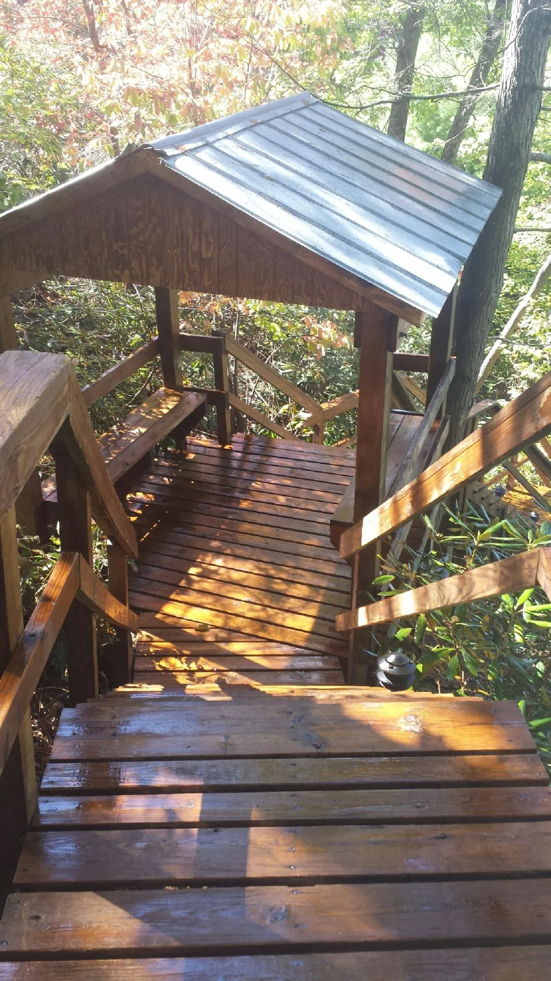 Freshly stained wood walkway and covered shelter with a metal roof in Topton